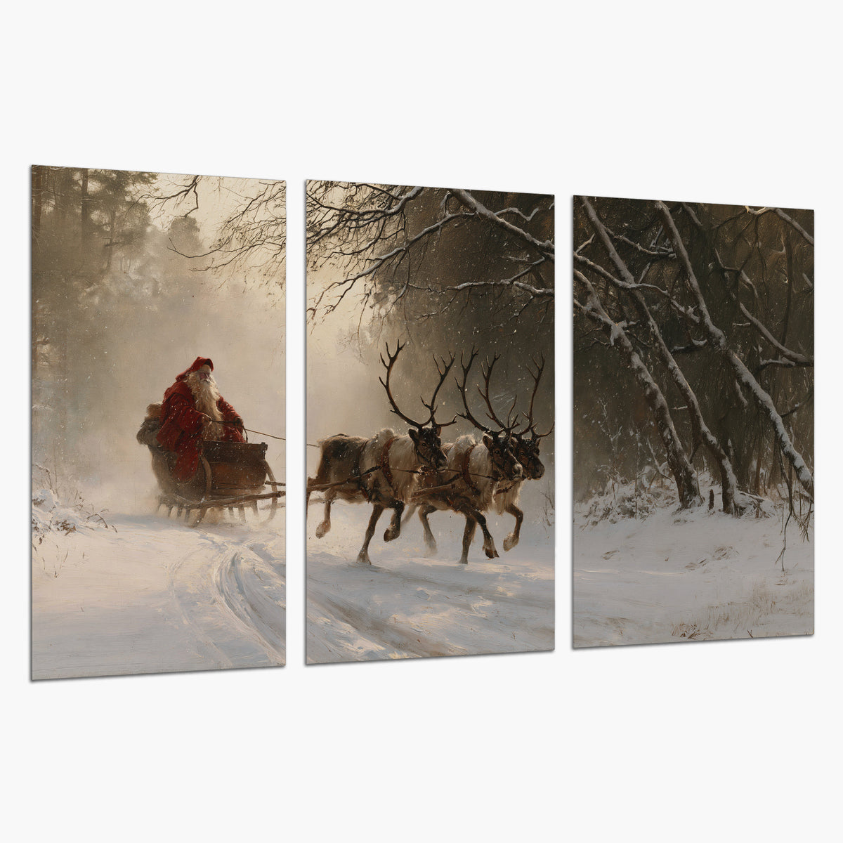 A reindeer team pulling Santa through a quiet snow-covered forest set of 3 poster prints on a white background