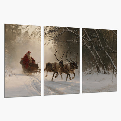A reindeer team pulling Santa through a quiet snow-covered forest set of 3 poster prints on a white background