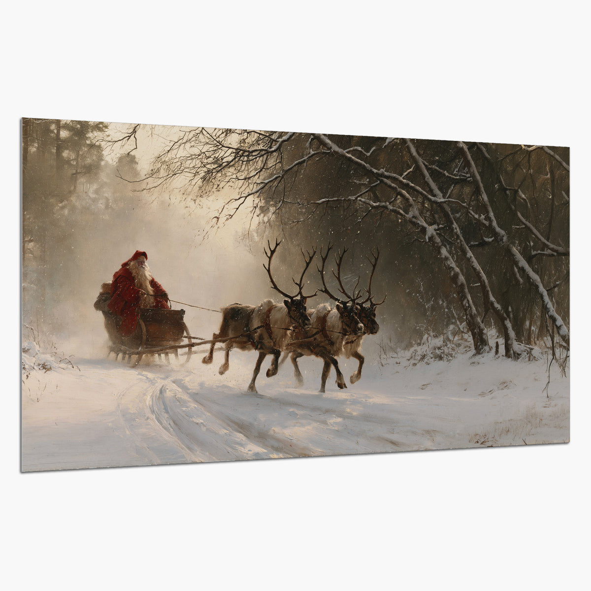 A reindeer team pulling Santa through a quiet snow-covered forest single poster print on a white background