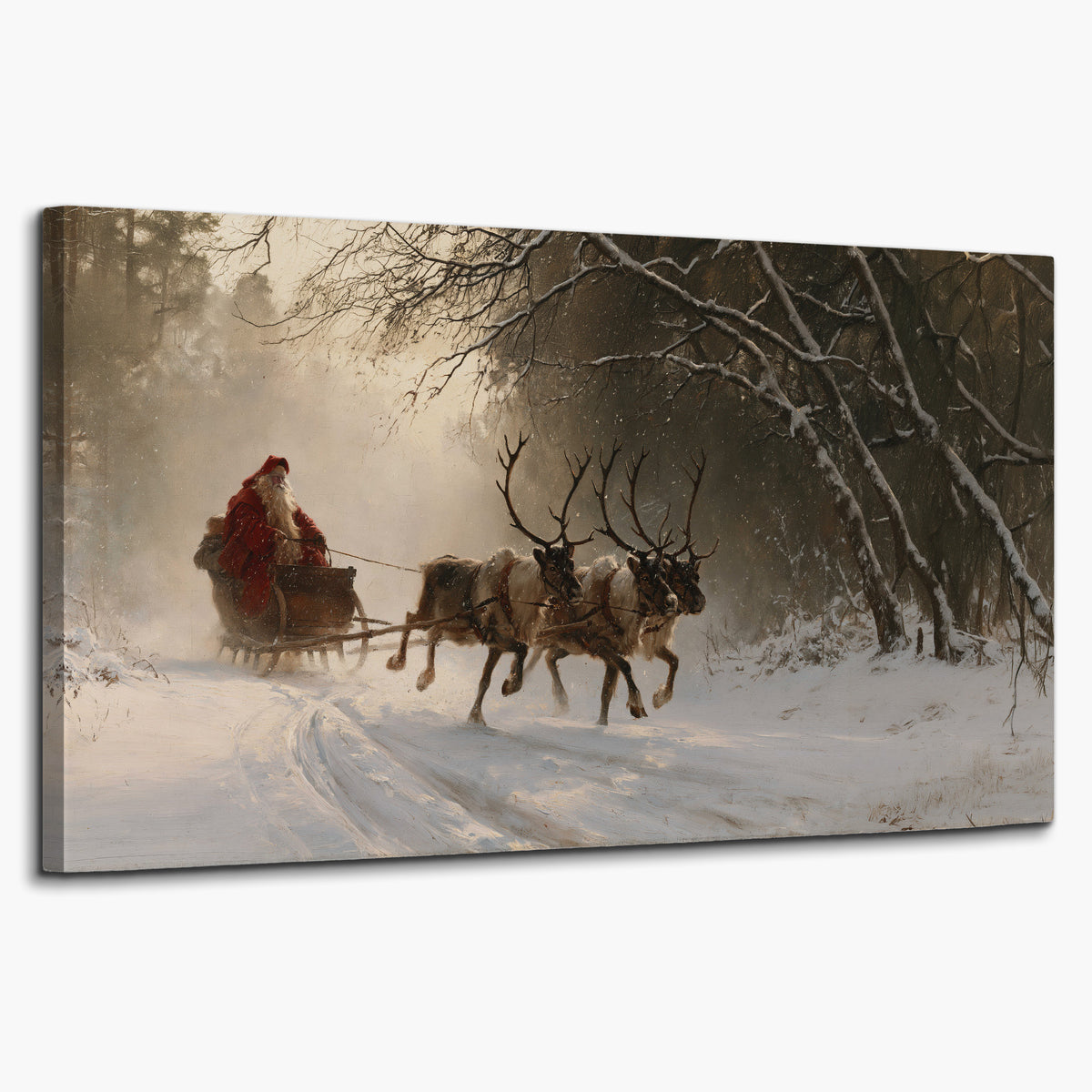 A reindeer team pulling Santa through a quiet snow-covered forest single canvas wall art on a white background