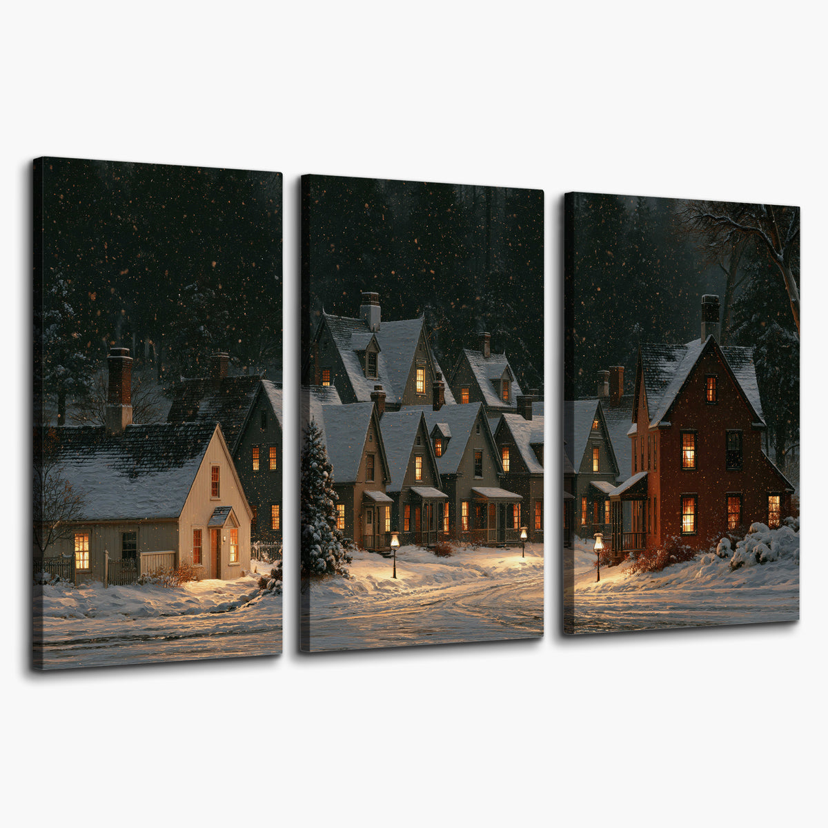 Snow-covered village cottages with glowing windows beneath a dark evergreen forest 3 piece canvas wall art on a white background