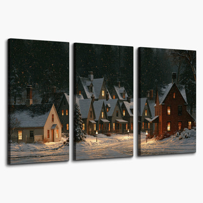 Snow-covered village cottages with glowing windows beneath a dark evergreen forest 3 piece canvas wall art on a white background
