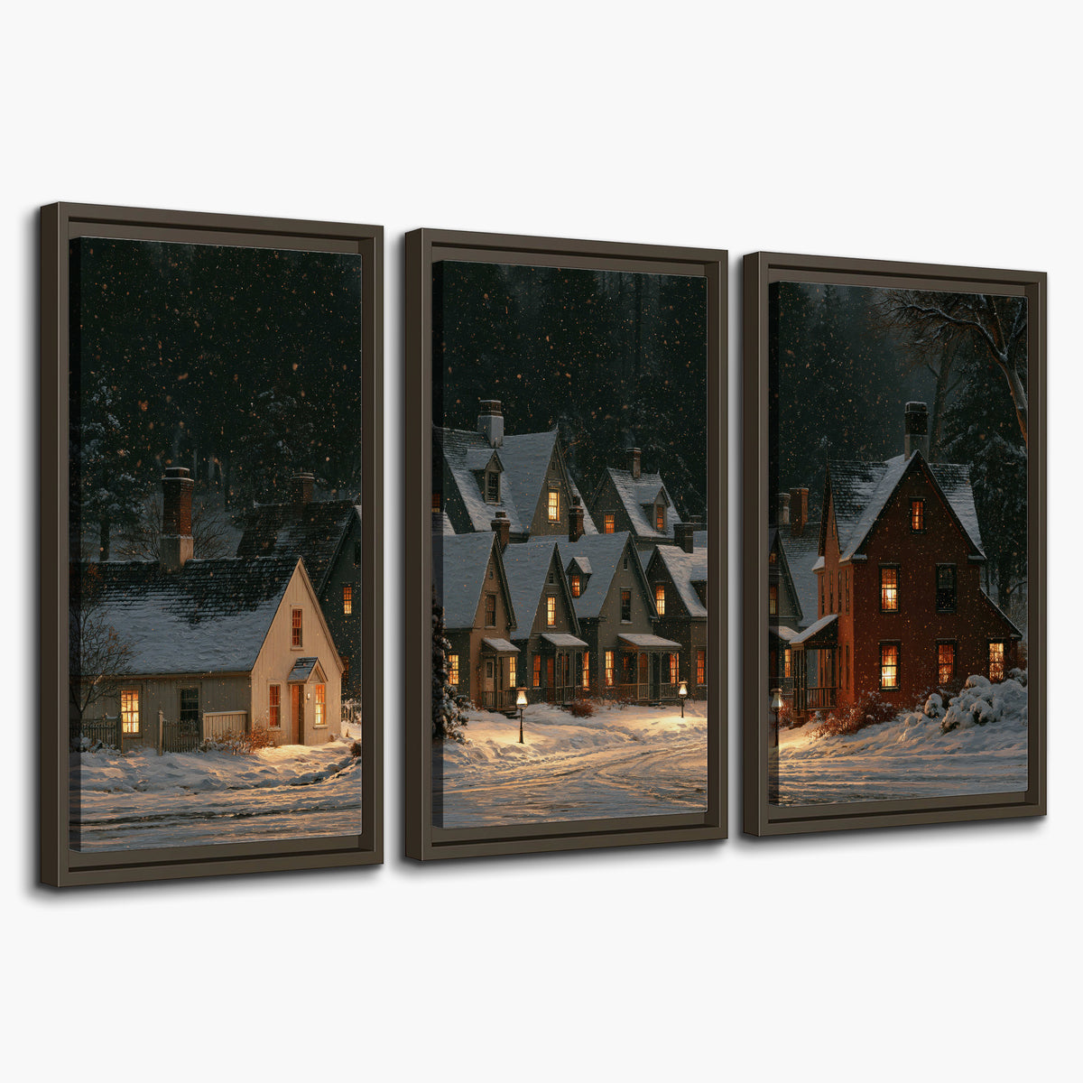 Snow-covered village cottages with glowing windows beneath a dark evergreen forest 3 piece framed canvas wall art on a white background