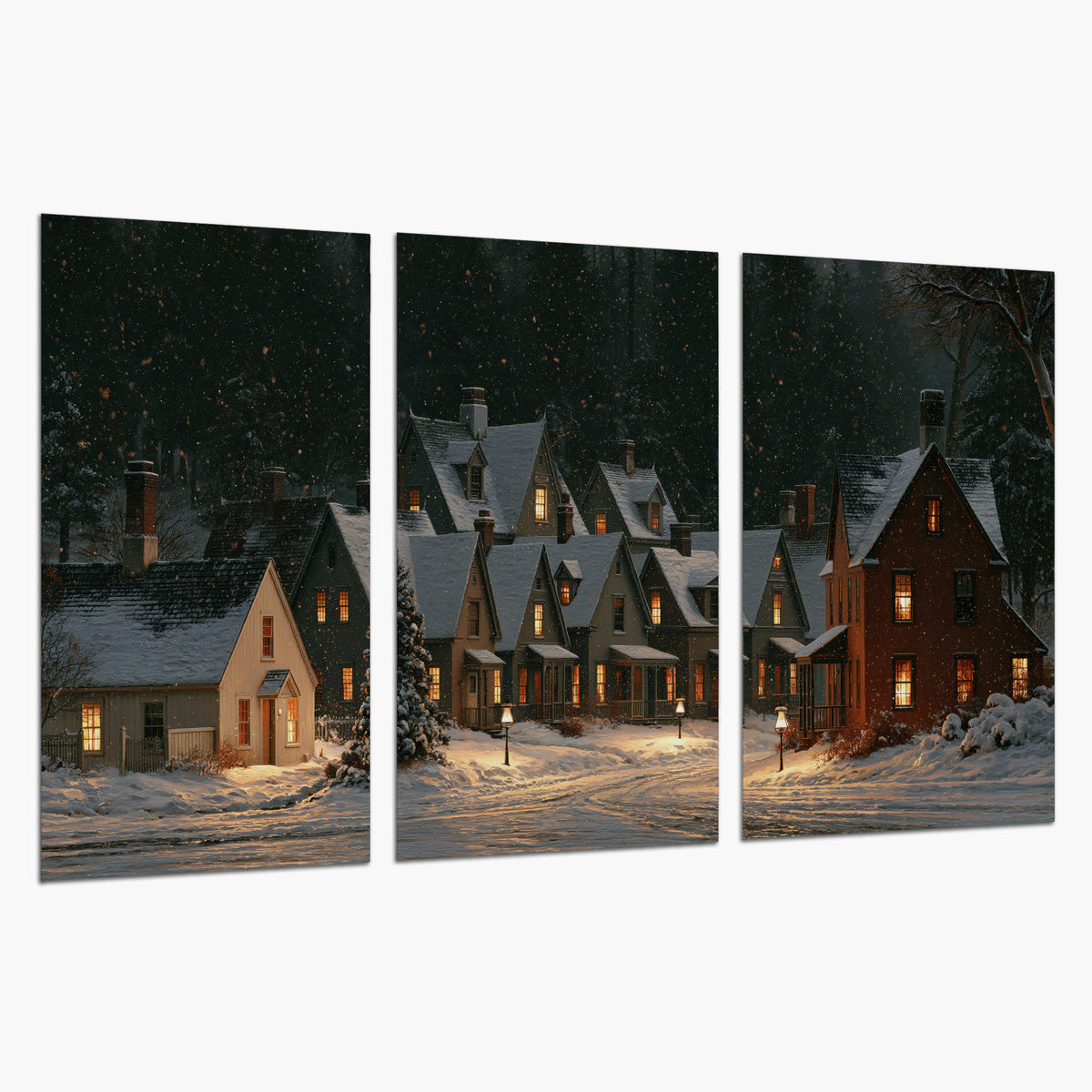 Snow-covered village cottages with glowing windows beneath a dark evergreen forest set of 3 poster prints on a white background