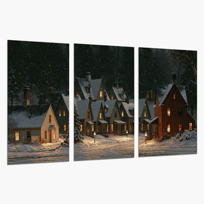 Snow-covered village cottages with glowing windows beneath a dark evergreen forest set of 3 poster prints on a white background