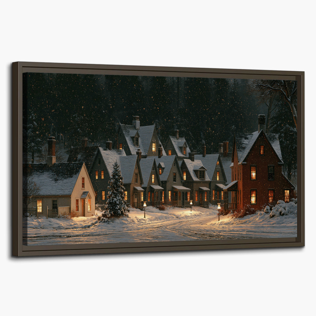 Snow-covered village cottages with glowing windows beneath a dark evergreen forest single framed canvas wall art on a white background