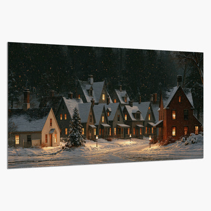 Snow-covered village cottages with glowing windows beneath a dark evergreen forest single poster print on a white background