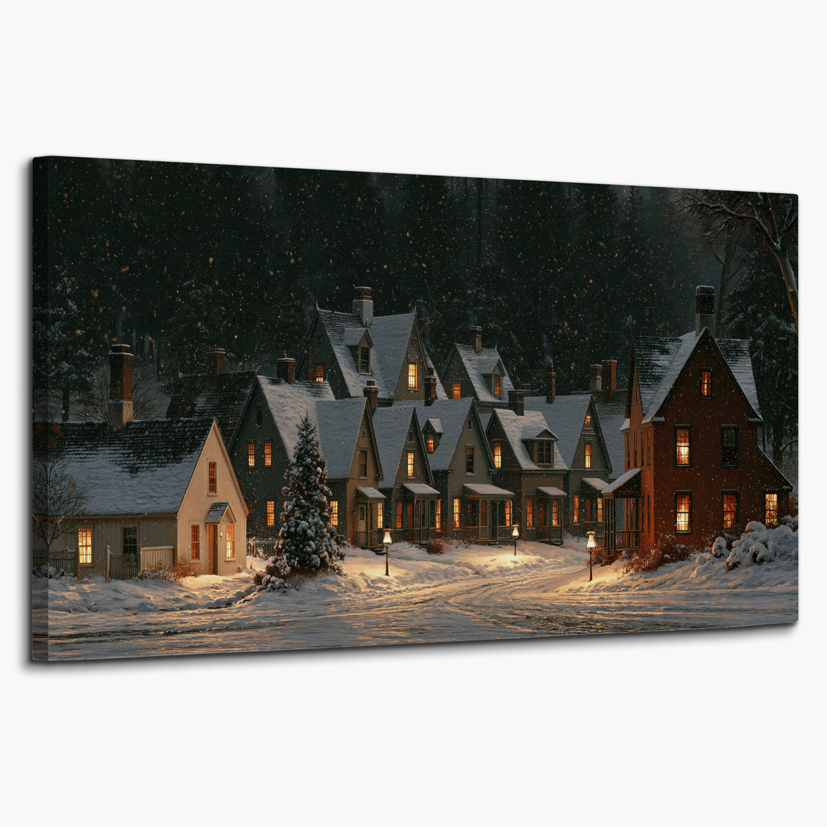 Snow-covered village cottages with glowing windows beneath a dark evergreen forest single canvas wall art on a white background