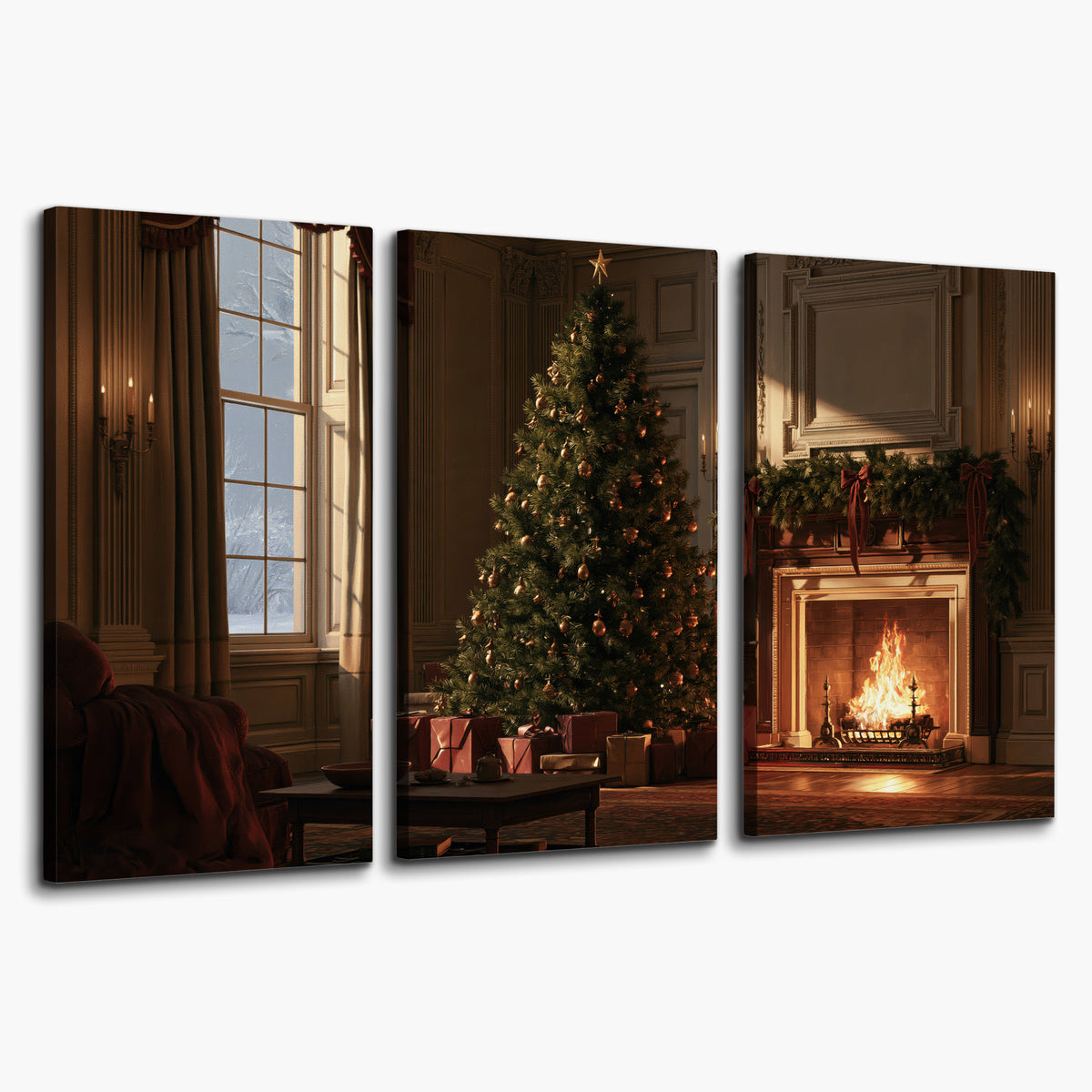 A decorated Christmas tree and wrapped presents beside a glowing fireplace in a cozy wood-paneled room 3 piece canvas wall art on a white background