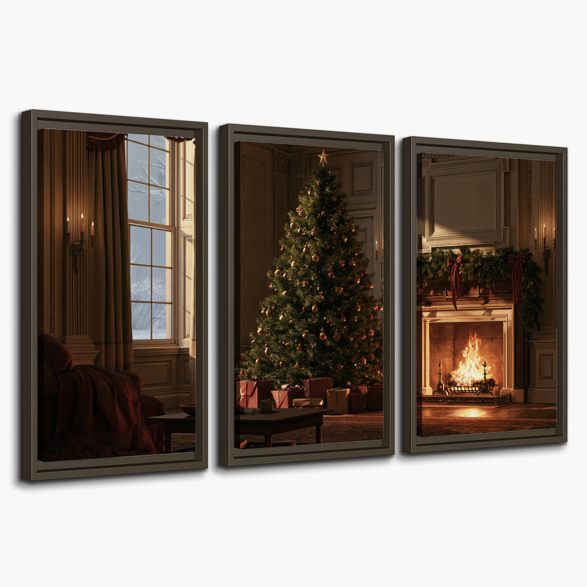 A decorated Christmas tree and wrapped presents beside a glowing fireplace in a cozy wood-paneled room 3 piece framed canvas wall art on a white background