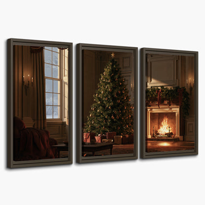 A decorated Christmas tree and wrapped presents beside a glowing fireplace in a cozy wood-paneled room 3 piece framed canvas wall art on a white background