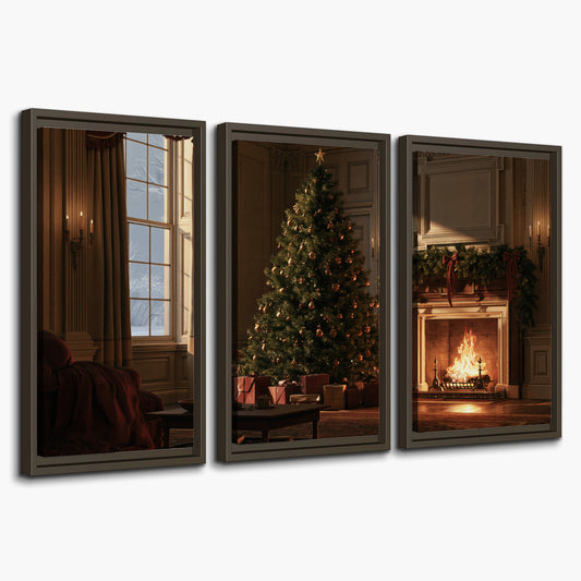 A decorated Christmas tree and wrapped presents beside a glowing fireplace in a cozy wood-paneled room 3 piece framed canvas wall art on a white background