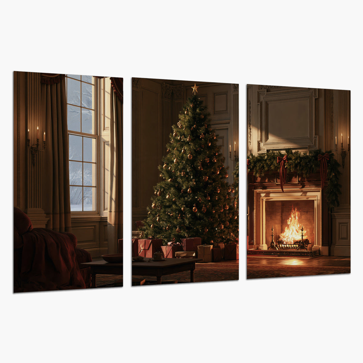 A decorated Christmas tree and wrapped presents beside a glowing fireplace in a cozy wood-paneled room set of 3 poster prints on a white background