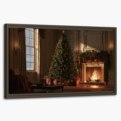 A decorated Christmas tree and wrapped presents beside a glowing fireplace in a cozy wood-paneled room single framed canvas wall art on a white background