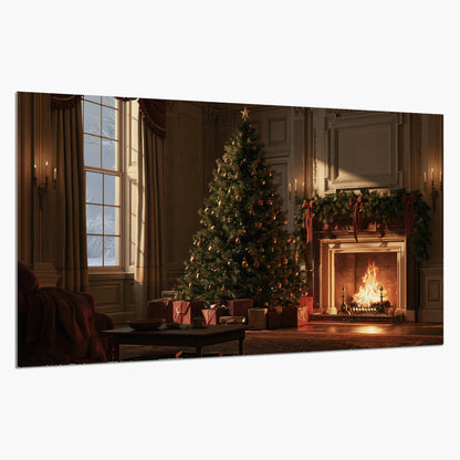 A decorated Christmas tree and wrapped presents beside a glowing fireplace in a cozy wood-paneled room single poster print on a white background