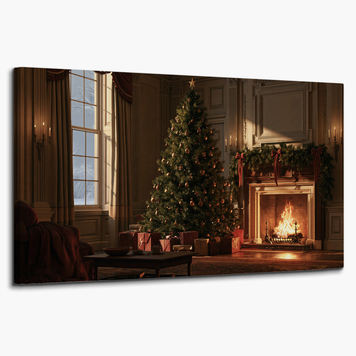 A decorated Christmas tree and wrapped presents beside a glowing fireplace in a cozy wood-paneled room single canvas wall art on a white background
