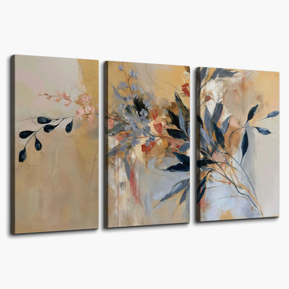 Loose dark blue leaves and pale blossoms on a warm beige painterly background 3 piece canvas wall art on a white background