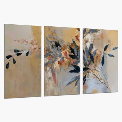 Loose dark blue leaves and pale blossoms on a warm beige painterly background set of 3 poster prints on a white background