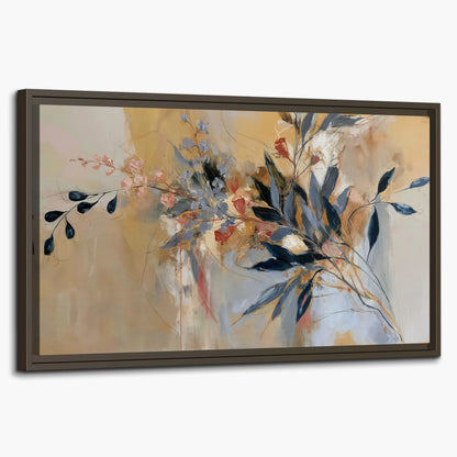 Loose dark blue leaves and pale blossoms on a warm beige painterly background single framed canvas wall art on a white background