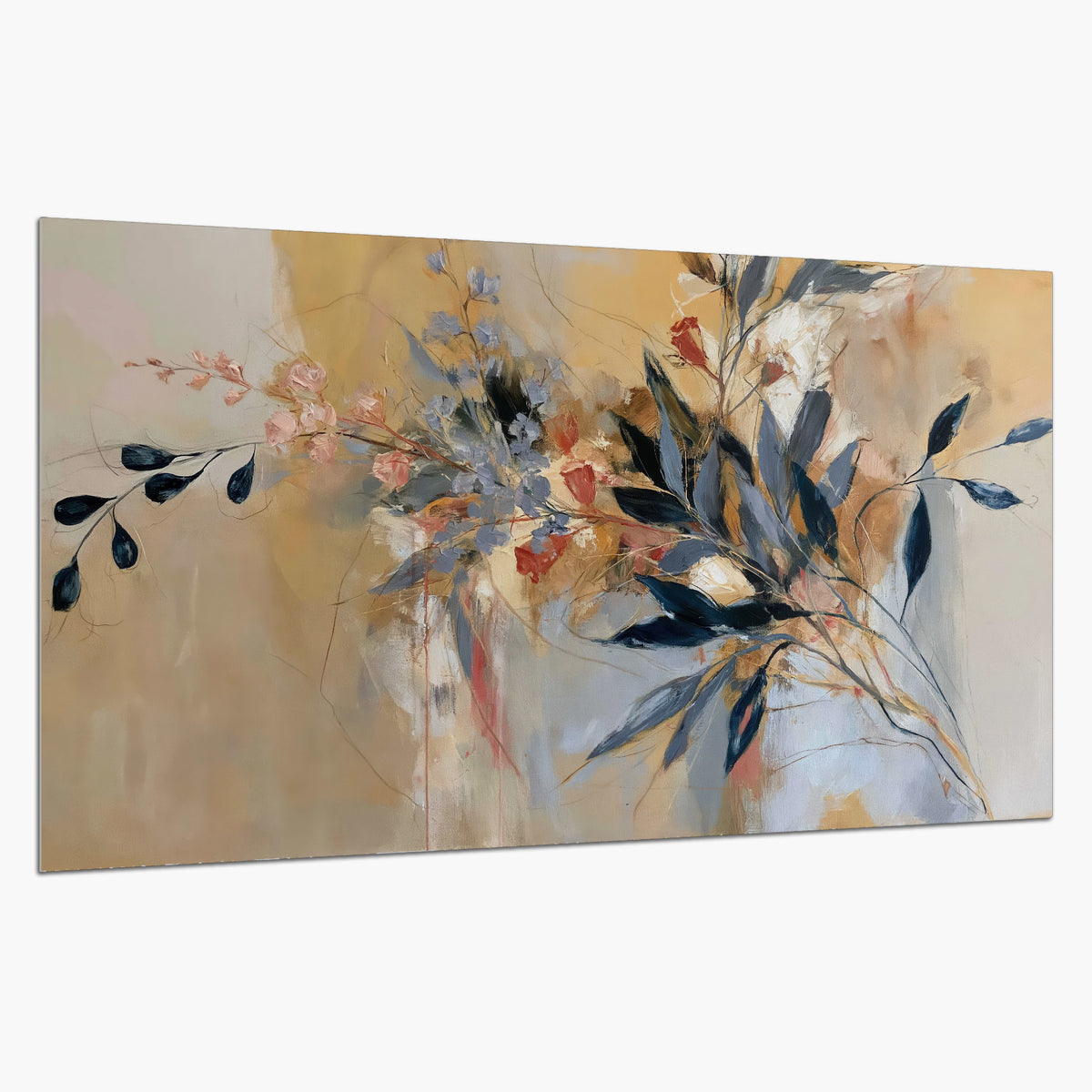 Loose dark blue leaves and pale blossoms on a warm beige painterly background single poster print on a white background