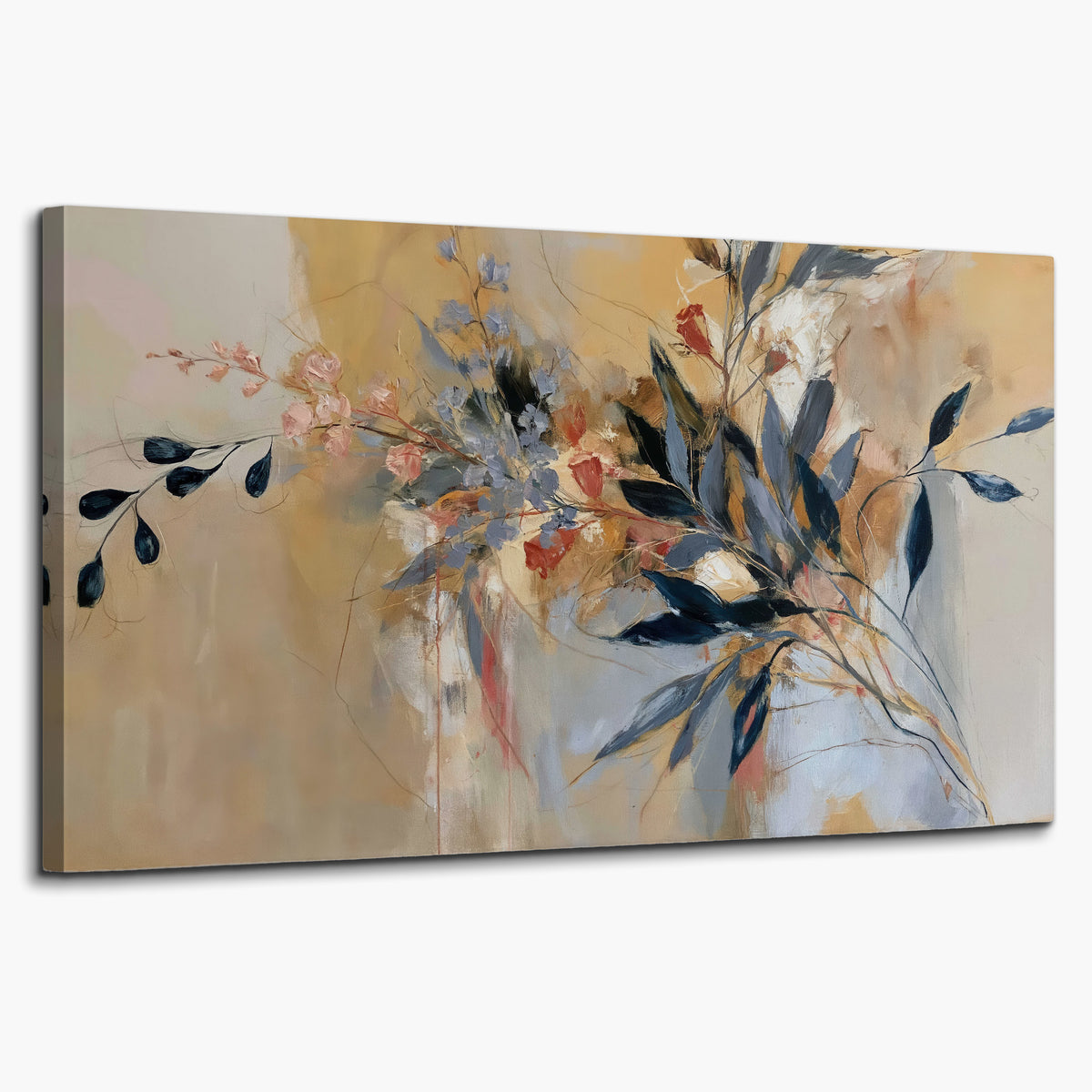 Loose dark blue leaves and pale blossoms on a warm beige painterly background single canvas wall art on a white background