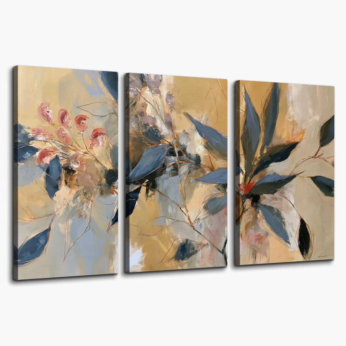 Layered navy leaves and muted pink blossoms against a golden cream background 3 piece canvas wall art on a white background