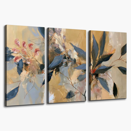 Layered navy leaves and muted pink blossoms against a golden cream background 3 piece canvas wall art on a white background