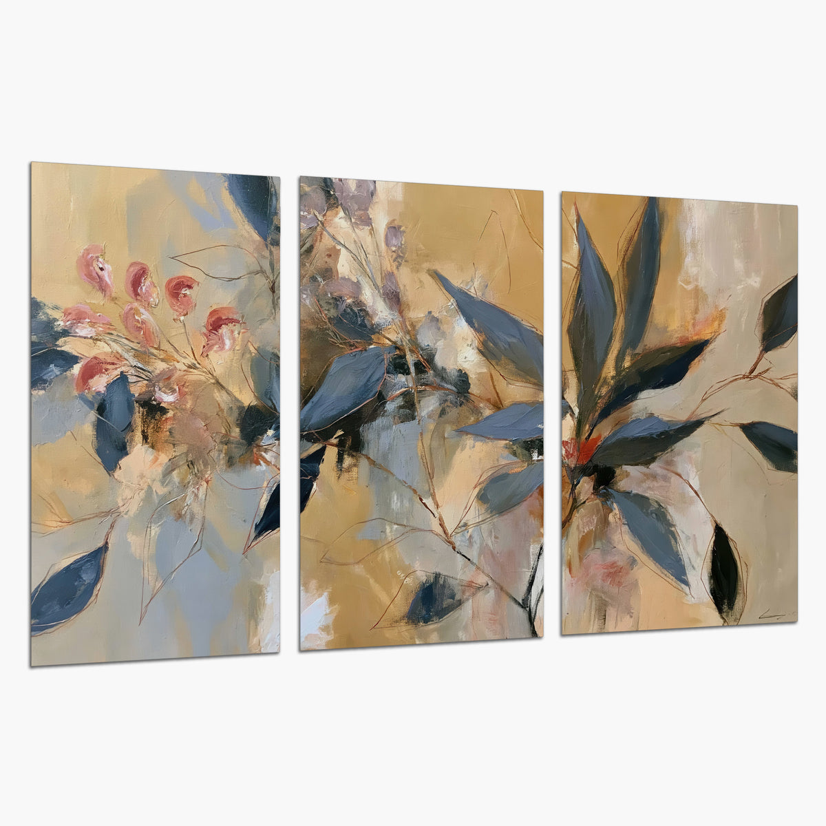 Layered navy leaves and muted pink blossoms against a golden cream background set of 3 poster prints on a white background
