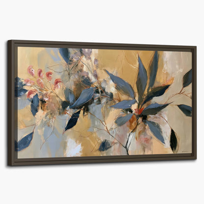 Layered navy leaves and muted pink blossoms against a golden cream background single framed canvas wall art on a white background