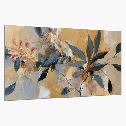 Layered navy leaves and muted pink blossoms against a golden cream background single poster print on a white background