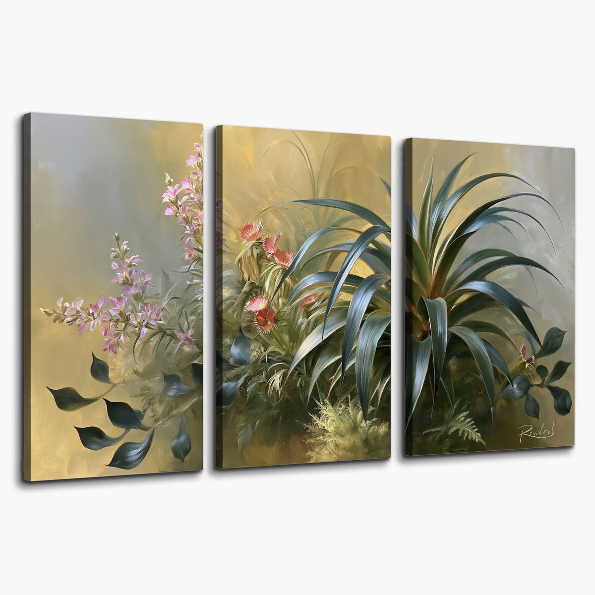 Arching green leaves beside delicate pink garden flowers in soft warm light 3 piece canvas wall art on a white background