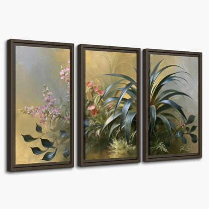 Arching green leaves beside delicate pink garden flowers in soft warm light 3 piece framed canvas wall art on a white background
