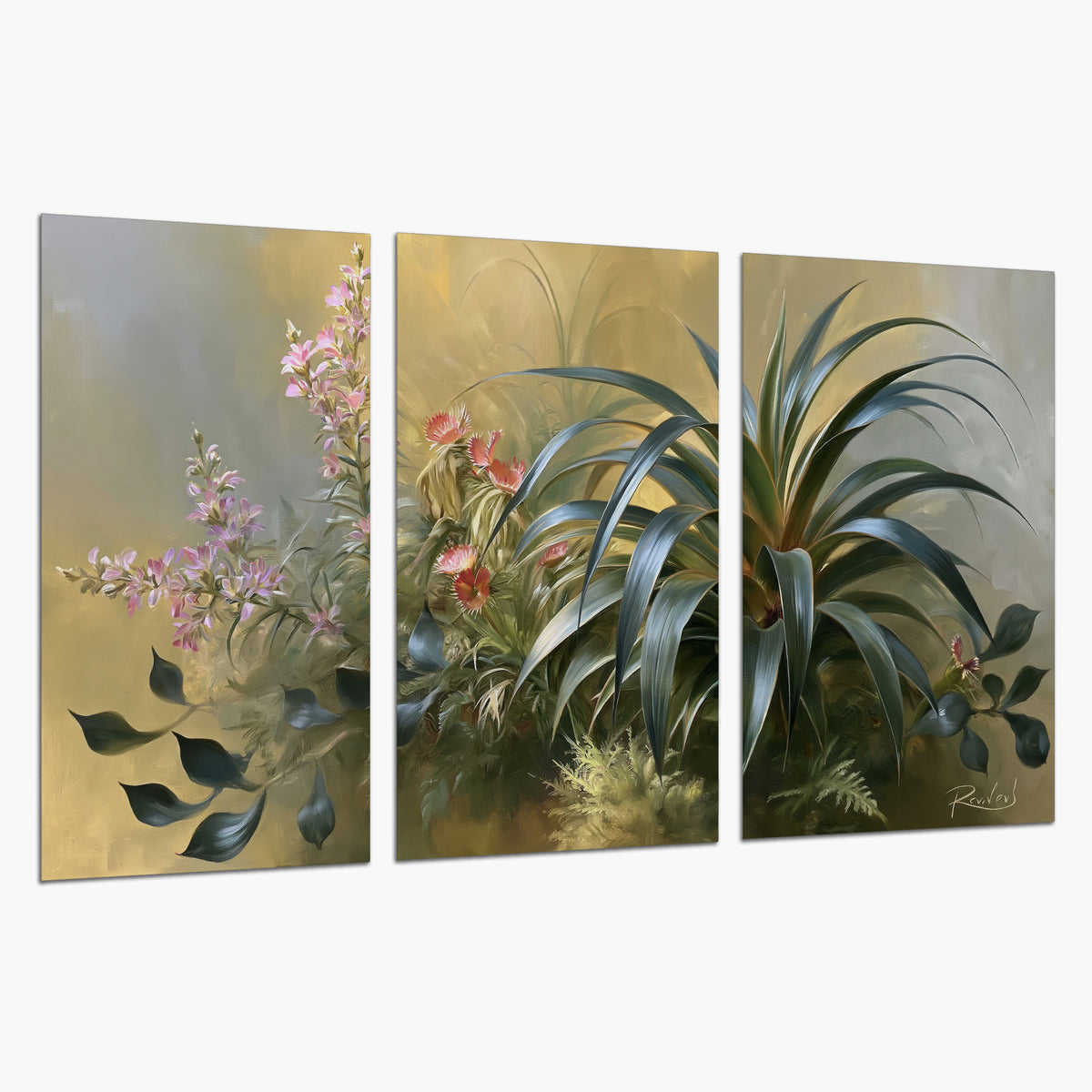 Arching green leaves beside delicate pink garden flowers in soft warm light set of 3 poster prints on a white background