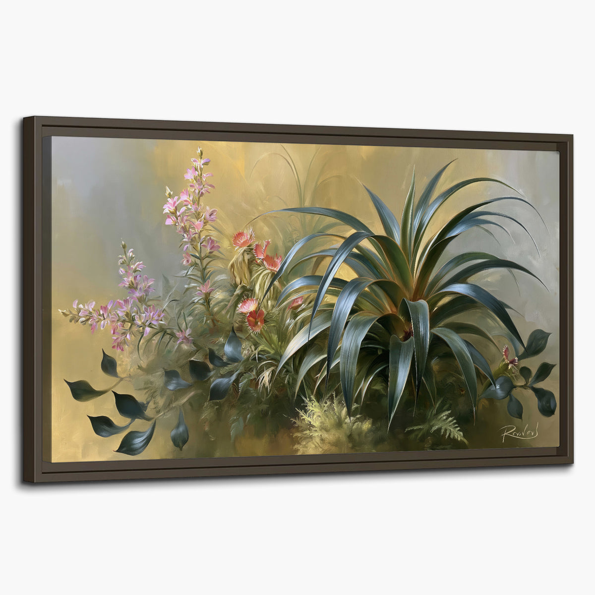 Arching green leaves beside delicate pink garden flowers in soft warm light single framed canvas wall art on a white background