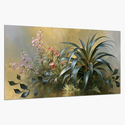 Arching green leaves beside delicate pink garden flowers in soft warm light single poster print on a white background