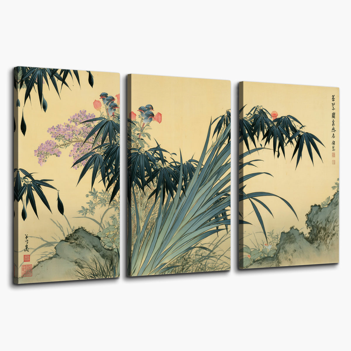 Graceful bamboo leaves and small blossoms on a warm parchment-toned background 3 piece canvas wall art on a white background