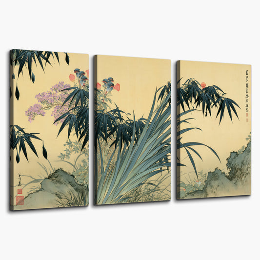 Graceful bamboo leaves and small blossoms on a warm parchment-toned background 3 piece canvas wall art on a white background