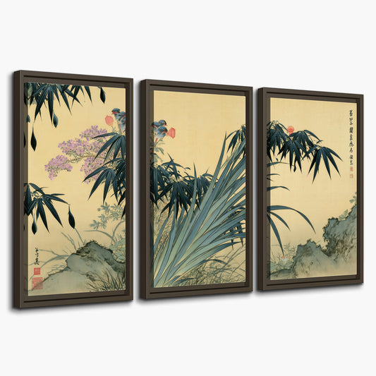 Graceful bamboo leaves and small blossoms on a warm parchment-toned background 3 piece framed canvas wall art on a white background