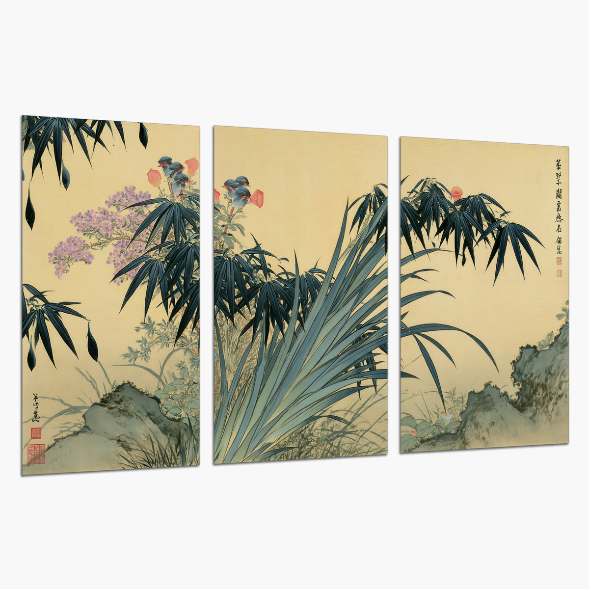 Graceful bamboo leaves and small blossoms on a warm parchment-toned background set of 3 poster prints on a white background