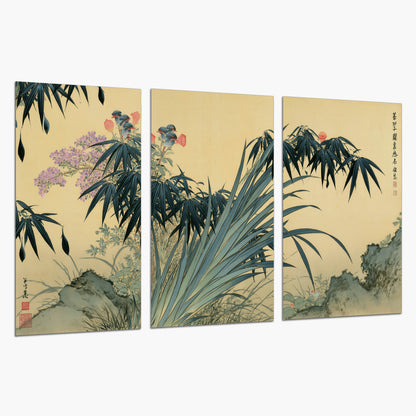 Graceful bamboo leaves and small blossoms on a warm parchment-toned background set of 3 poster prints on a white background