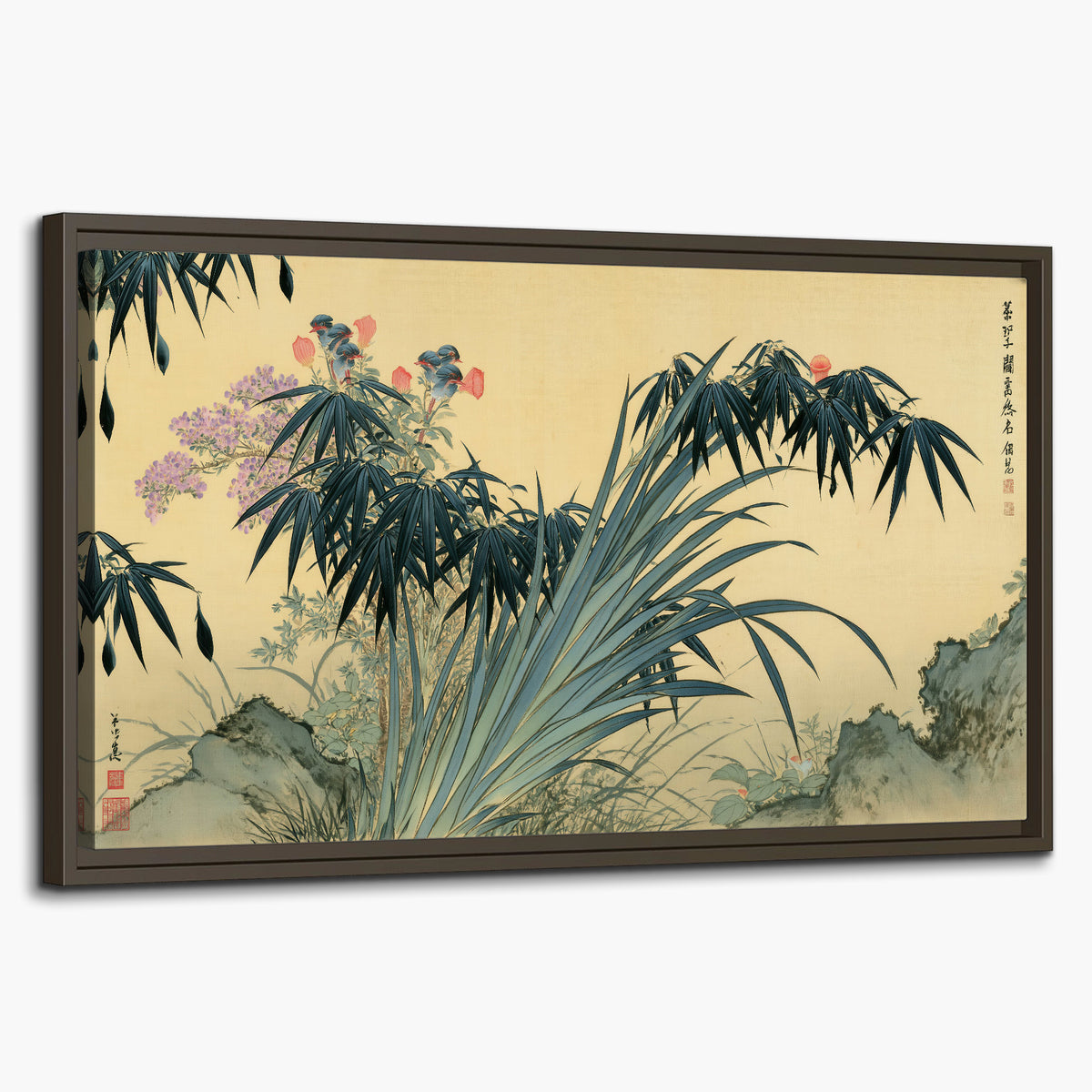 Graceful bamboo leaves and small blossoms on a warm parchment-toned background single framed canvas wall art on a white background