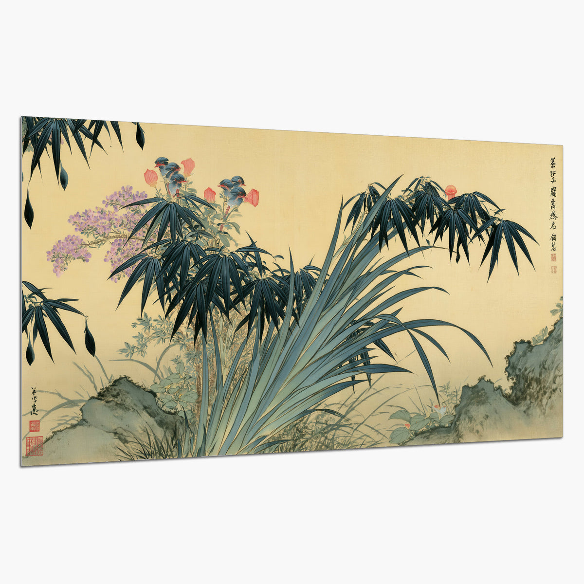 Graceful bamboo leaves and small blossoms on a warm parchment-toned background single poster print on a white background