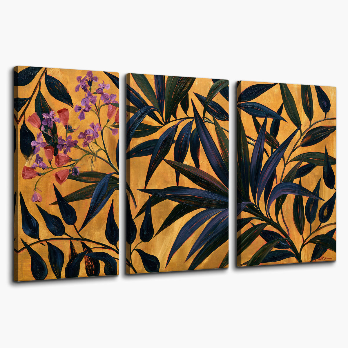 Dark pointed bamboo leaves across an ochre background with small pink floral accents 3 piece canvas wall art on a white background
