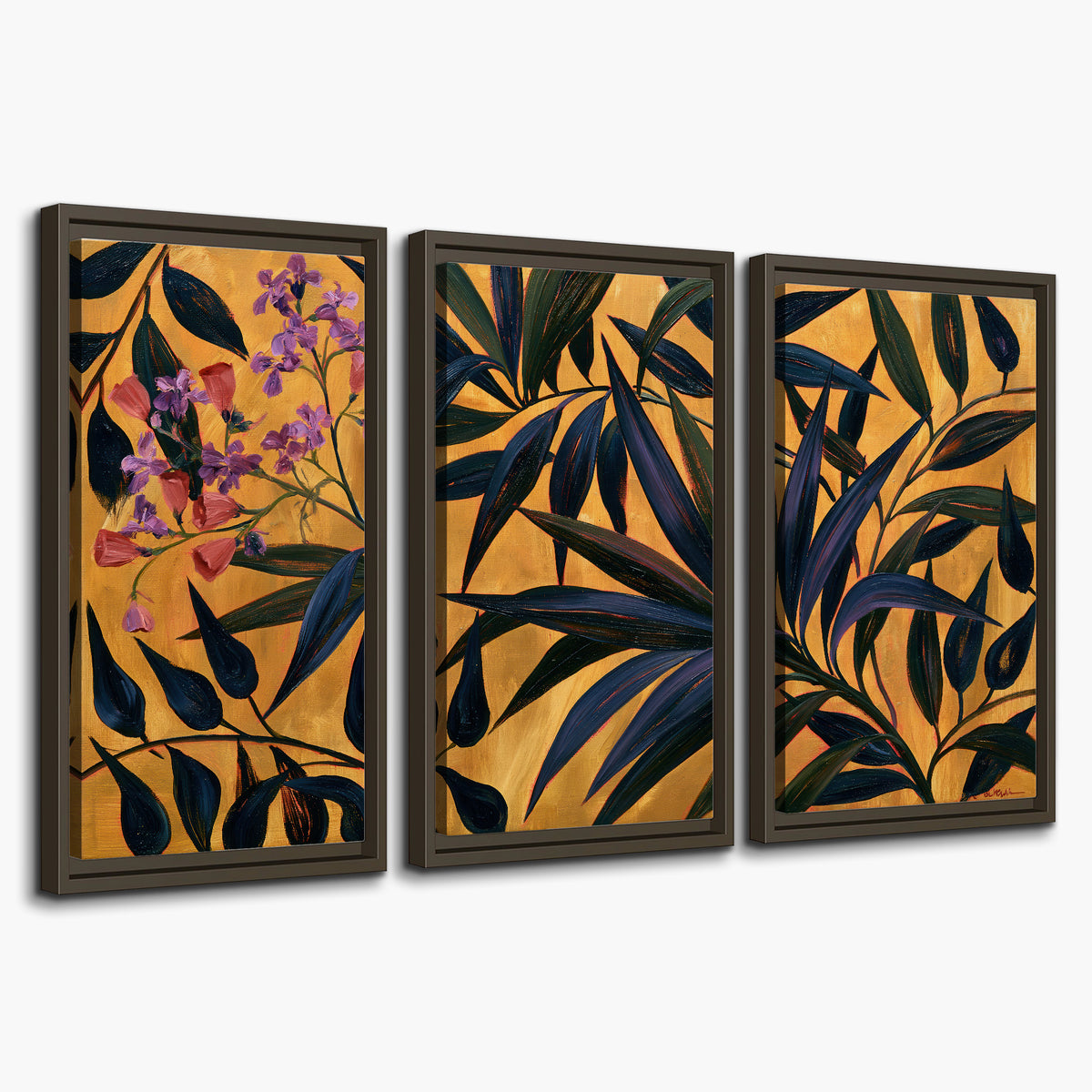 Dark pointed bamboo leaves across an ochre background with small pink floral accents 3 piece framed canvas wall art on a white background