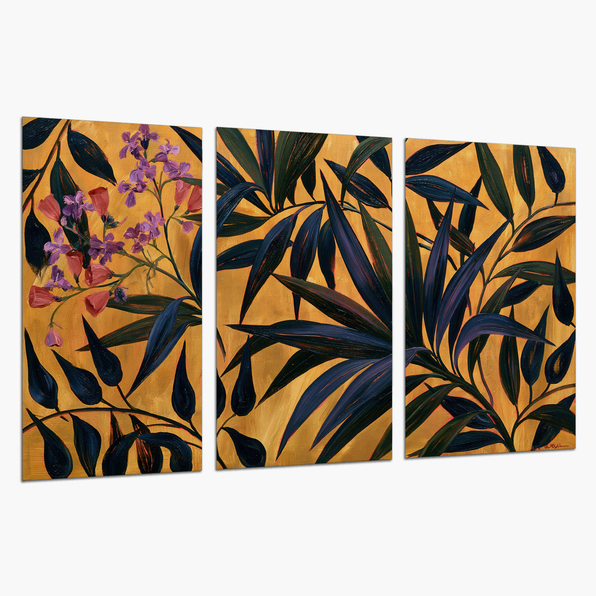 Dark pointed bamboo leaves across an ochre background with small pink floral accents set of 3 poster prints on a white background