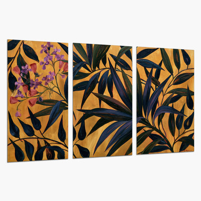 Dark pointed bamboo leaves across an ochre background with small pink floral accents set of 3 poster prints on a white background