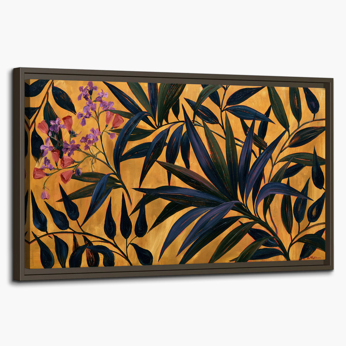 Dark pointed bamboo leaves across an ochre background with small pink floral accents single framed canvas wall art on a white background