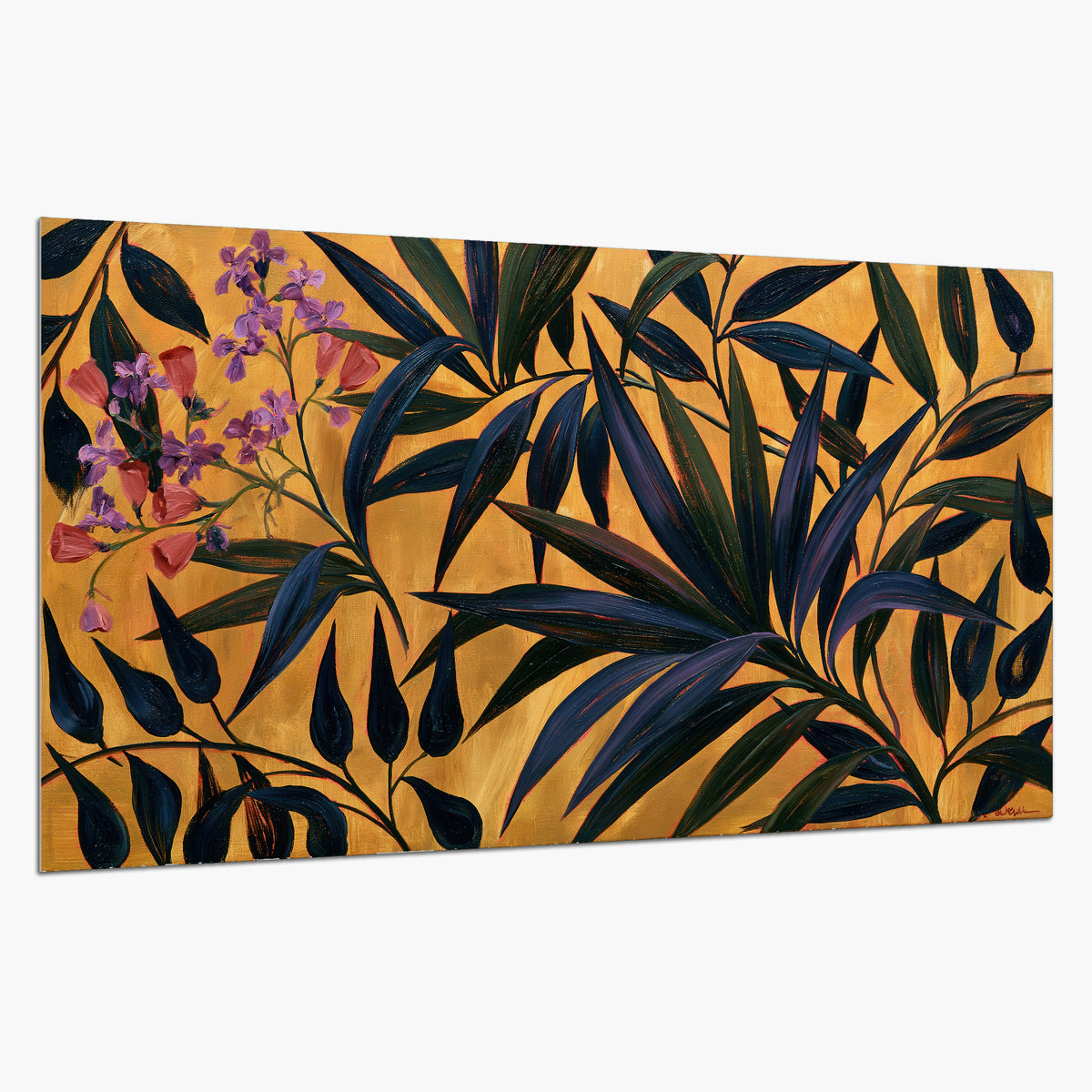 Dark pointed bamboo leaves across an ochre background with small pink floral accents single poster print on a white background