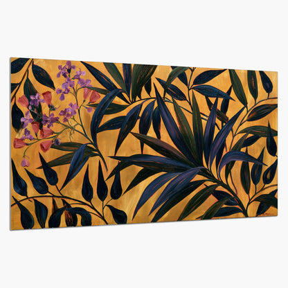 Dark pointed bamboo leaves across an ochre background with small pink floral accents single poster print on a white background