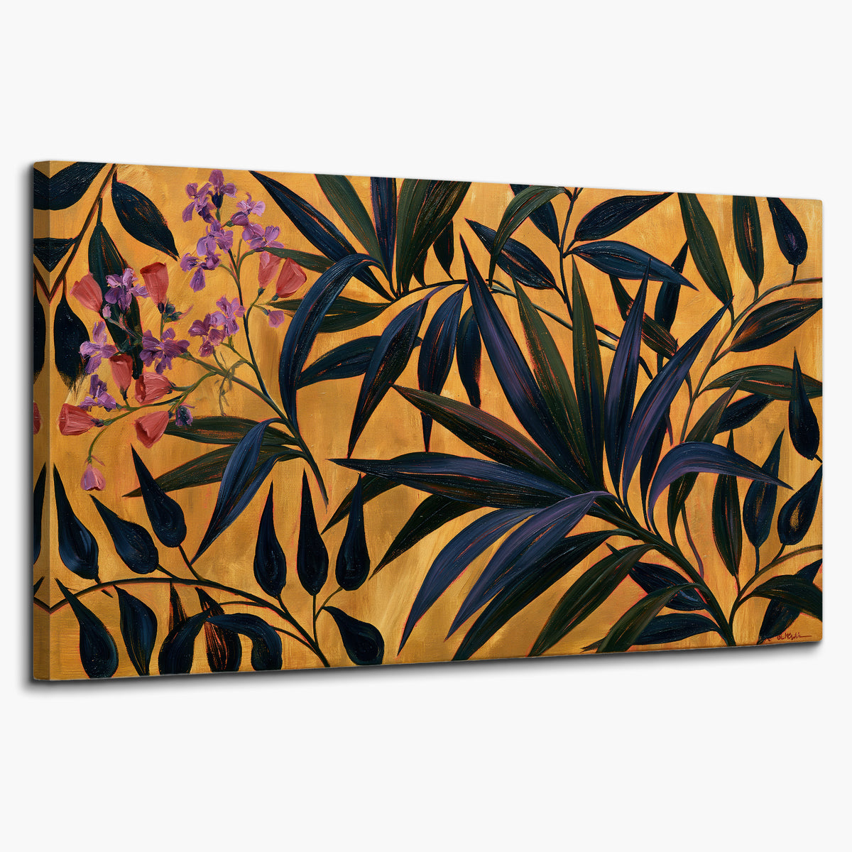 Dark pointed bamboo leaves across an ochre background with small pink floral accents single canvas wall art on a white background